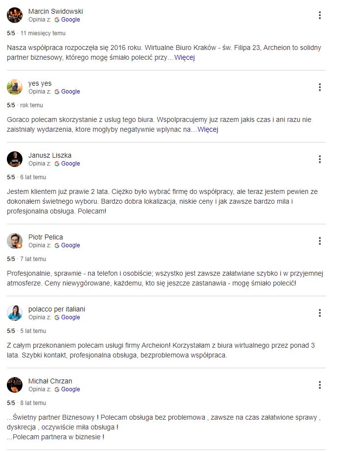 Zapis wybranych opinii klientów ARCHEION